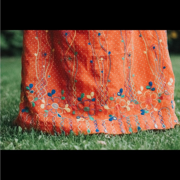 Vintage orange embroidered polka dot maxi dress, size S (no stretch) - Picture 2 of 5